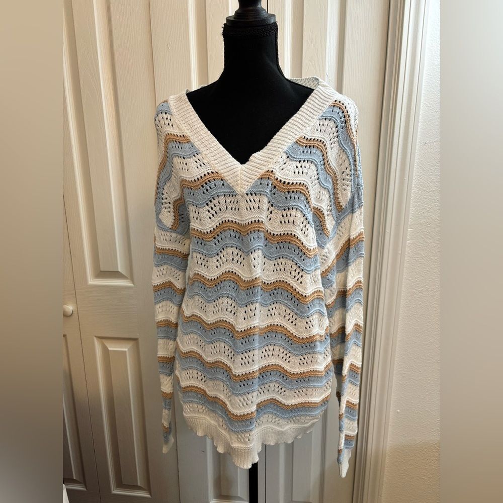 Studio V-Neck Sweater - Blue, White, and Tan